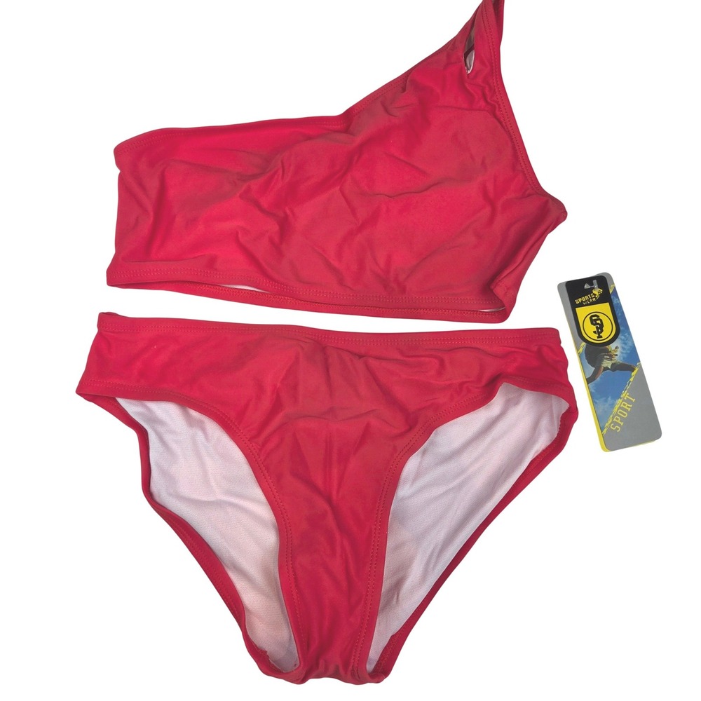 Sports Wear Bikini Set Women L Red One Shoulder Solid Sporty Summer 120‎ NWT